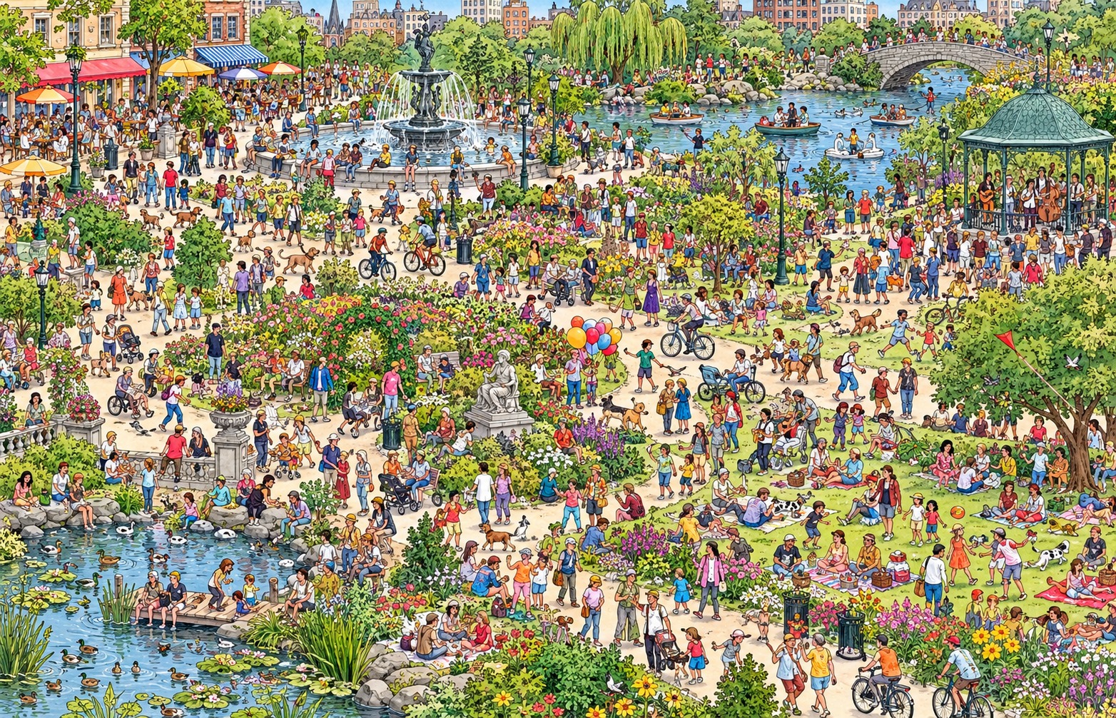 A crowded illustrated park with people, dogs, trees, and colorful balls