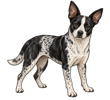 Marley, a black-and-white speckled dog with pointed ears and a white blaze on her face