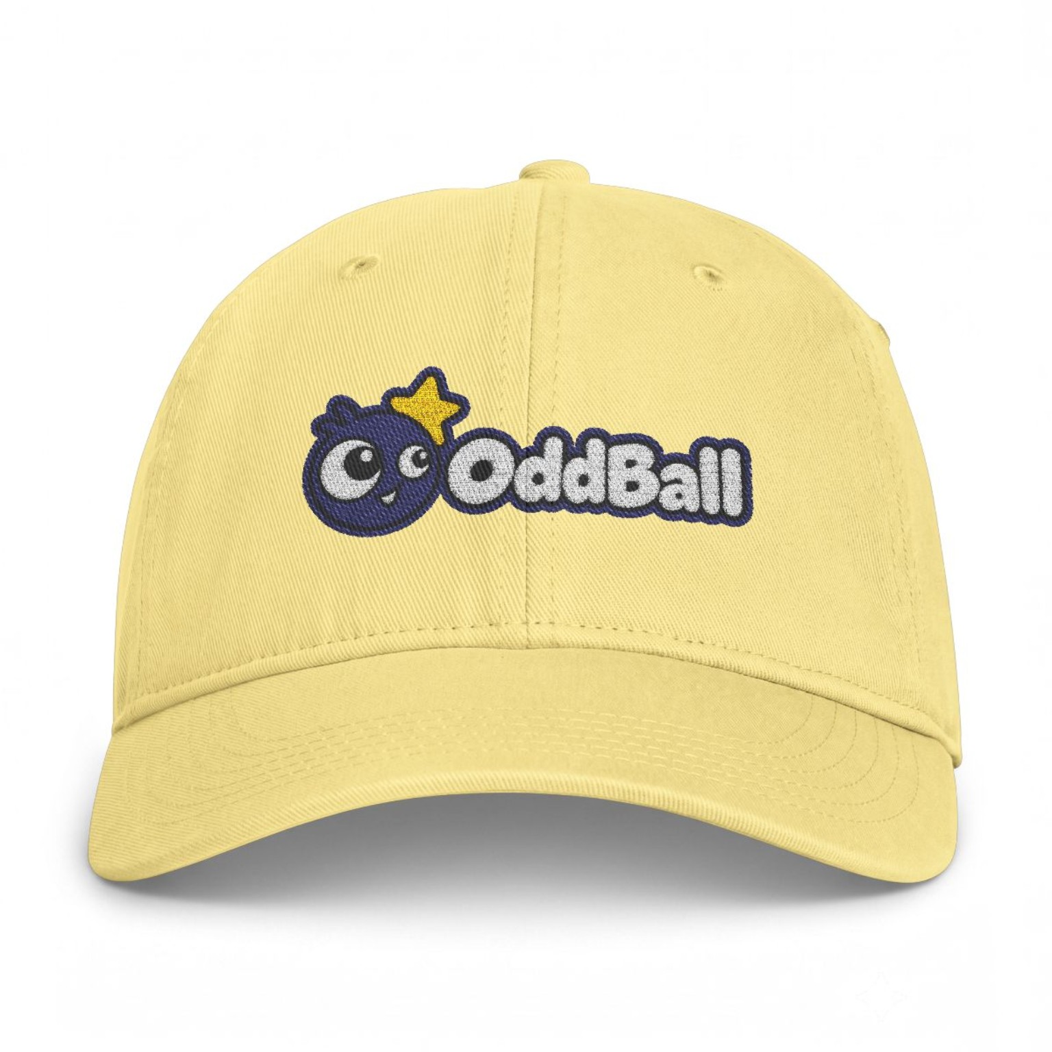 Yellow cap embroidered with the OddBall mascot and logo