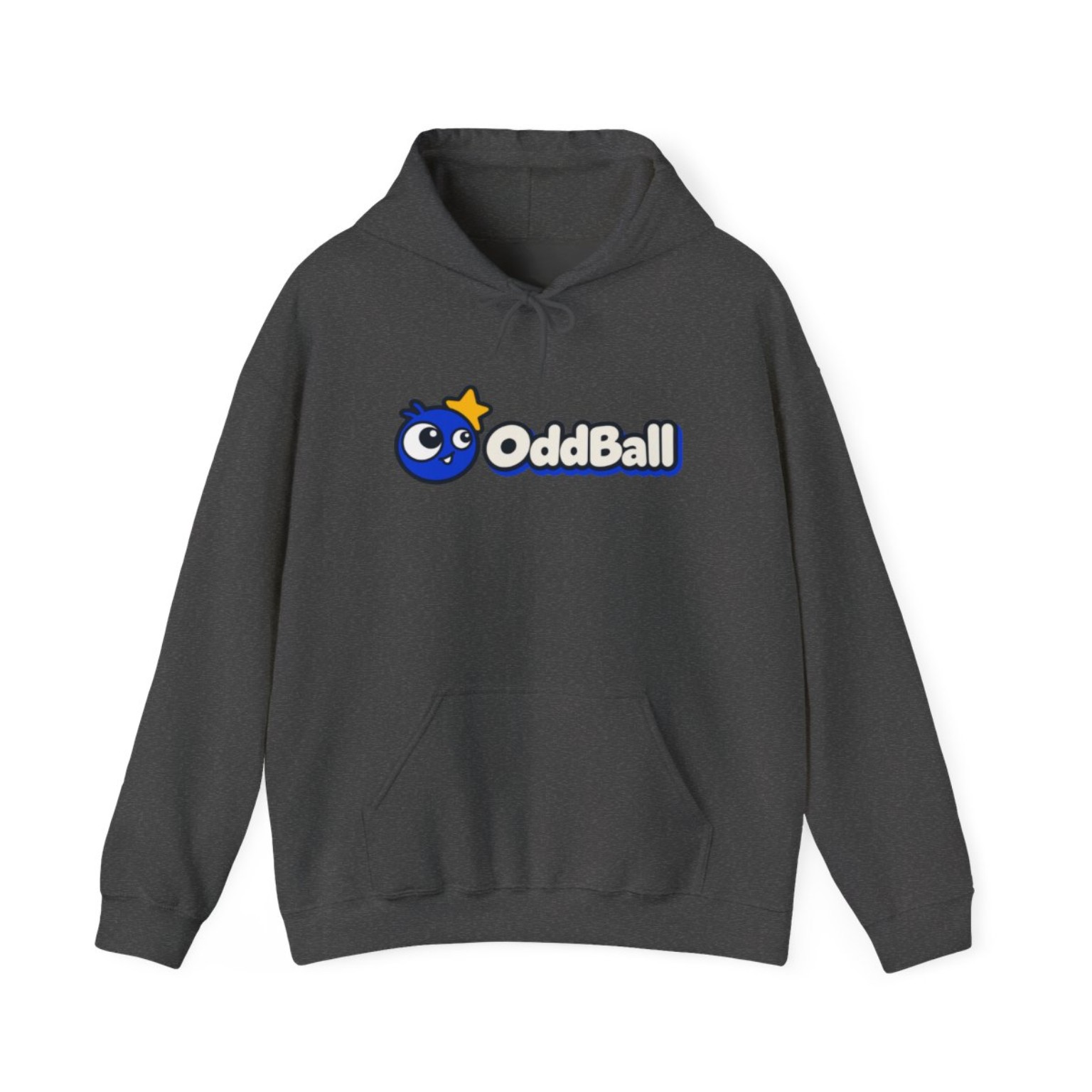 Charcoal hoodie with the OddBall mascot and logo